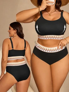 Shapewave Plus Size Summer Beach Vacation Wavy Striped Sexy Curve Fashion Bikini Two-Piece Swimsuit Set White - Black - View 4