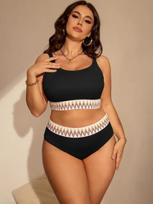Shapewave Plus Size Summer Beach Vacation Wavy Striped Sexy Curve Fashion Bikini Two-Piece Swimsuit Set White - Black - View 6