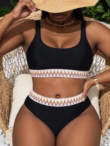Shapewave Plus Size Summer Beach Vacation Wavy Striped Sexy Curve Fashion Bikini Two-Piece Swimsuit Set White - Black - View 9