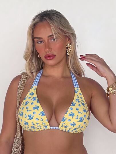 Elavelle Plus Size Women's Summer Elegant Sweet Floral Print Halter Bikini Top, Back Double Tie Adjustable, Suitable For Vacation Beach, Pool Party, Music Festival
