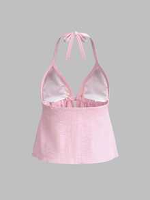 SHEIN Swim 女款大尺碼紋理布料細肩帶前綁帶比基尼上衣，粉色夏季熱帶優雅度假海灘風 - 粉色 - 查看 9