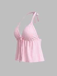 SHEIN Swim 女款大尺碼紋理布料細肩帶前綁帶比基尼上衣，粉色夏季熱帶優雅度假海灘風 - 粉色 - 查看 8
