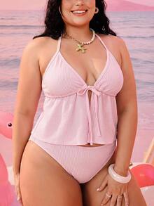SHEIN Swim 女款大尺碼紋理布料細肩帶前綁帶比基尼上衣，粉色夏季熱帶優雅度假海灘風 - 粉色 - 查看 6