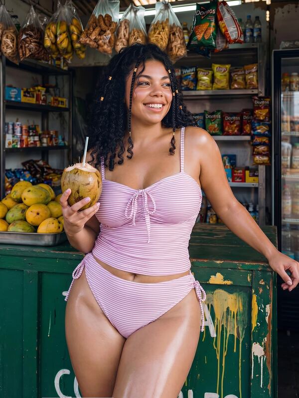 Swim Mod Plus Size 2-Piece Women's Sweet Elegant Striped Print Spaghetti Strap Bikini Set, Ruched Drawstring Bow Bikini Top, Adjustable Side Tie Bikini Bottoms, Suitable For Summer Beach Vacation