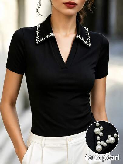 RosyDaze Women's V-Neck Bubble Bead Trim Fitted Short Sleeve Casual Elegant Blouse Teachers' Day Office Black Summer