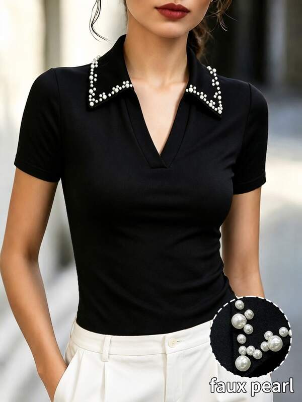 RosyDaze Women's V-Neck Bubble Bead Trim Fitted Short Sleeve Casual Elegant Blouse Teachers' Day Office Black Summer