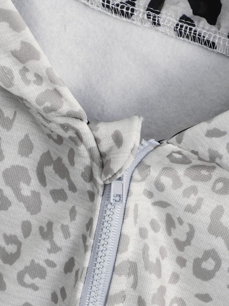 Sparklyn Teen Girls Leopard Print Zip-Up Sweatshirt Jacket, Y2K Retro Street Style Colorblock Leopard Print Lining Hooded Sweatshirt, Vintage Aesthetic Street Style Casual Jacket, Suitable For Teen Girls Spring/Autumn Daily Wear - Grey - View 3