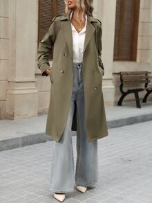 Brillora 女款純色長袖休閒法式經典優雅通勤風衣外套 橄欖綠 秋季 適合教師節與辦公室穿著 - 軍綠色 - 查看 10