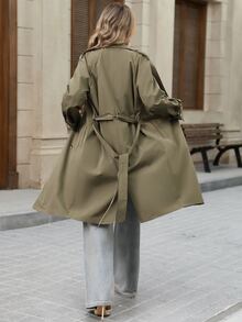 Brillora 女款純色長袖休閒法式經典優雅通勤風衣外套 橄欖綠 秋季 適合教師節與辦公室穿著 - 軍綠色 - 查看 6