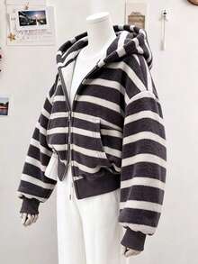 Lalippa Autumn/Winter Casual Colorblock Striped Zip-Up Sweatshirt - Black - View 3