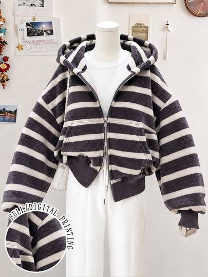Lalippa Autumn/Winter Casual Colorblock Striped Zip-Up Sweatshirt