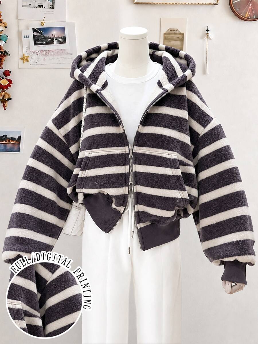 Lalippa Autumn/Winter Casual Colorblock Striped Zip-Up Sweatshirt - Black - View 1