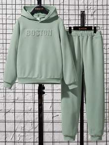 SHEIN Kids Tween Boy Casual Comfortable Embossed Solid Color Hoodie & Knit Autumn Pants 2pcs Set - Mint Green - View 3