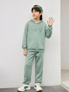 SHEIN Kids Tween Boy Casual Comfortable Embossed Solid Color Hoodie & Knit Autumn Pants 2pcs Set - Mint Green - View 6
