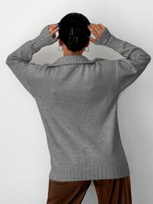 EURMUSE Half Zip Drop Shoulder Collar Sweater - Dark Grey - View 2