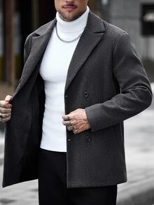 Manfinity CasualCool 男士深灰色混紡大翻領雙排釦成熟休閒商務日常四季羊毛大衣 - 灰色 - 查看 6