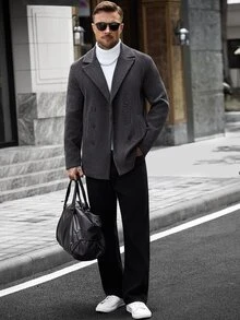 Manfinity CasualCool 男士深灰色混紡大翻領雙排釦成熟休閒商務日常四季羊毛大衣 - 灰色 - 查看 3