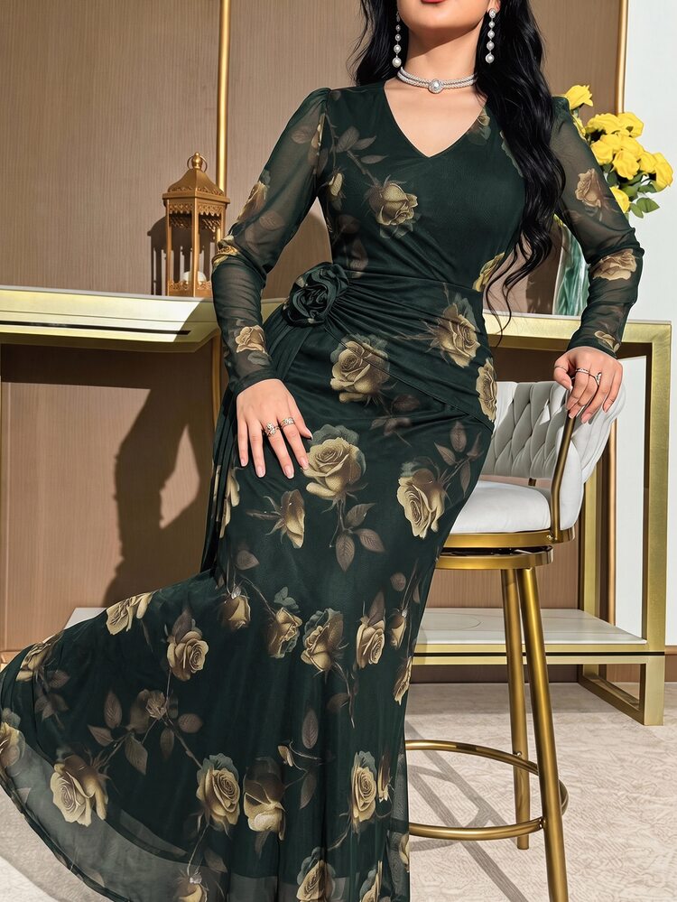 Modelyn Plus Size Women's Floral Print V-Neck Long Sleeve 3D Flower Decor Elegant Dress Green - Army Green - View 6