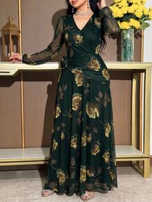 Modelyn 大尺碼女款花卉印花V領長袖3D花朵裝飾優雅洋裝 綠色 - 軍綠色 - 查看 4