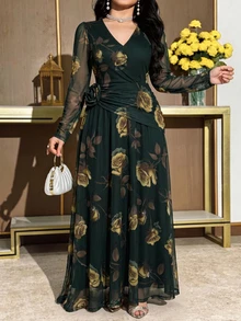 Modelyn 大尺碼女款花卉印花V領長袖3D花朵裝飾優雅洋裝 綠色 - 軍綠色 - 查看 1