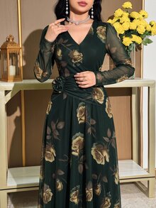 Modelyn 大尺碼女款花卉印花V領長袖3D花朵裝飾優雅洋裝 綠色 - 軍綠色 - 查看 5