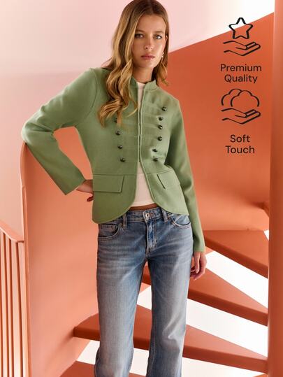 Nöista Military Knit Jacket With Metallic Buttons. Fall, Day-To-Night And Smart Casual Style.