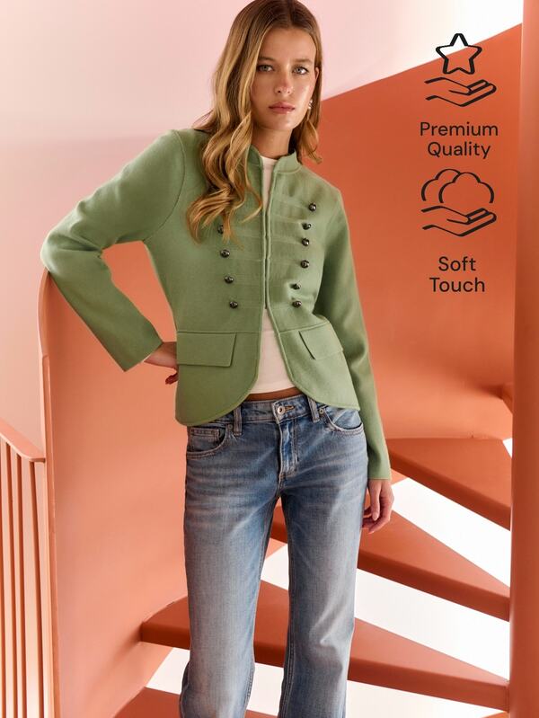 Nöista Military Knit Jacket With Metallic Buttons. Fall, Day-To-Night And Smart Casual Style.