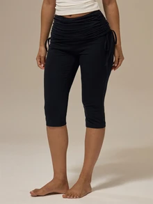 MUSERA ESSENTIALS Celana Capri Lipat Berkerut dengan Detail Tali, Pakaian Santai Sehari-hari untuk Wanita Musim Panas, Cocok untuk Keluar Rumah - Hitam - View 2