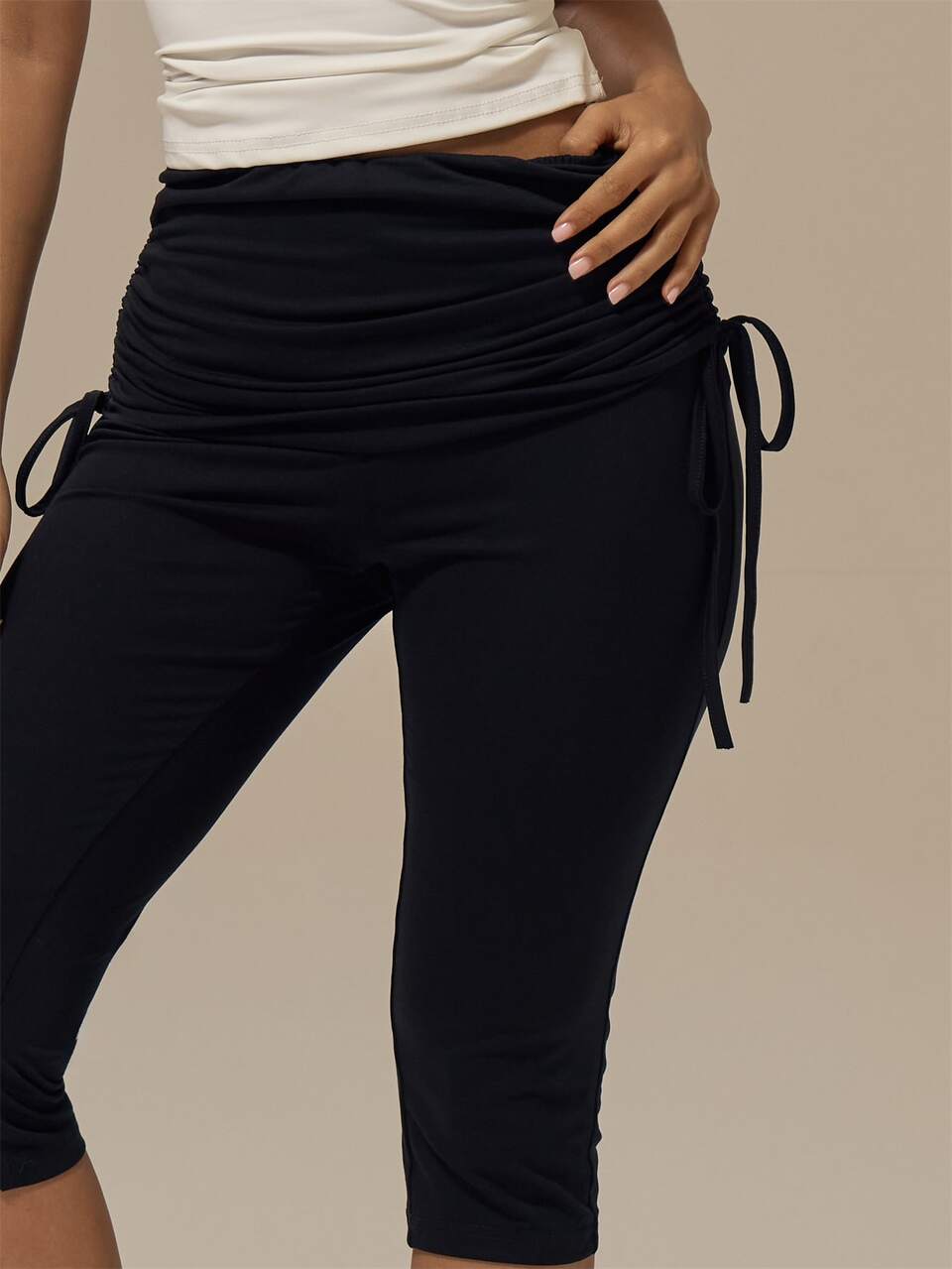 Ruched Fold Over With Tie Detail Capri Trousers Summer Girly Everyday Loungewear Going Out