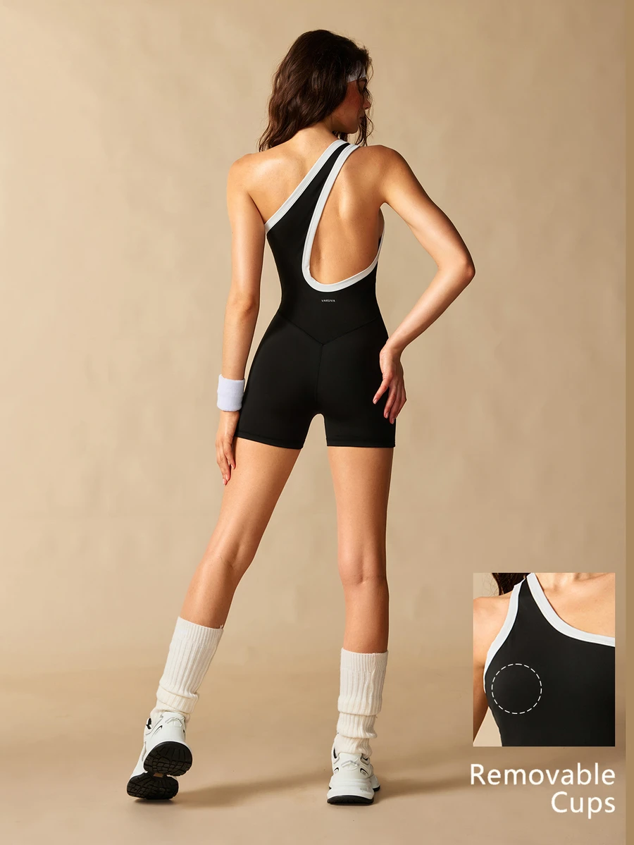 VARSIVA Colorblock One-Shoulder Backless Fitted Athletic Romper Shorts - Black - View 1