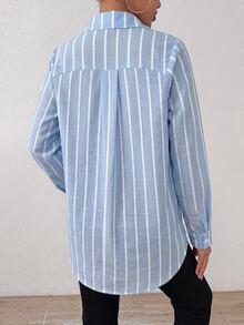SHEIN Holidaya 女款長袖條紋休閒襯衫，日常通勤上衣 - 藍色 - 查看 2