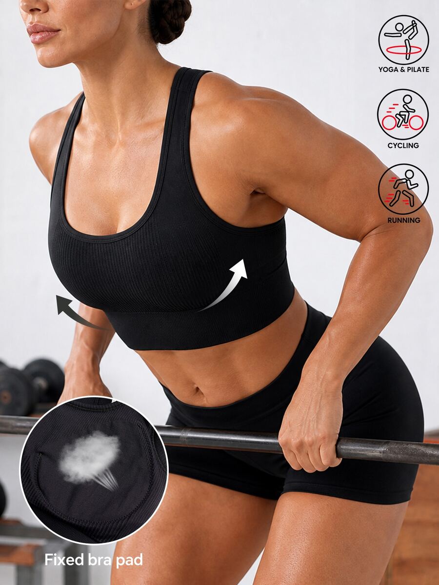 Solea Cove Women's High Support Seamless Sports Bra, Racerback Longline Workout Top For Running, Gym, HIIT, Yoga & Training - Black - View 1