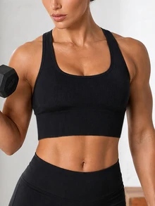 Solea Cove Women's High Support Seamless Sports Bra, Racerback Longline Workout Top For Running, Gym, HIIT, Yoga & Training - Black - View 5