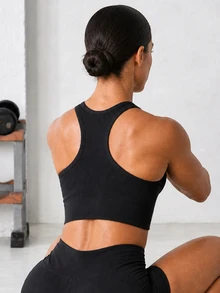 Solea Cove Women's High Support Seamless Sports Bra, Racerback Longline Workout Top For Running, Gym, HIIT, Yoga & Training - Black - View 6