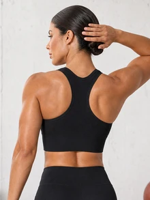 Solea Cove Women's High Support Seamless Sports Bra, Racerback Longline Workout Top For Running, Gym, HIIT, Yoga & Training - Black - View 2