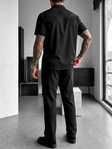 Manfinity Homme Men's Metal Buckle Short Sleeve Shirt And Pocket Long Pants Set - Black - View 2