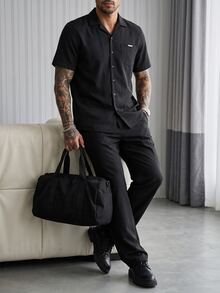 Manfinity Homme Men's Metal Buckle Short Sleeve Shirt And Pocket Long Pants Set - Black - View 6