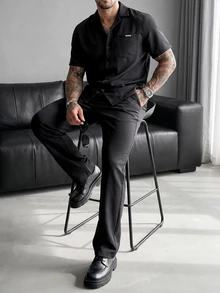 Manfinity Homme Men's Metal Buckle Short Sleeve Shirt And Pocket Long Pants Set - Black - View 4