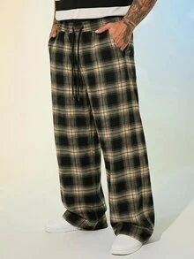 Athstrex Men's Plus Size Plaid Drawstring Waist Pocket Loose Pants For Daily Wear - Multicolor - View 3