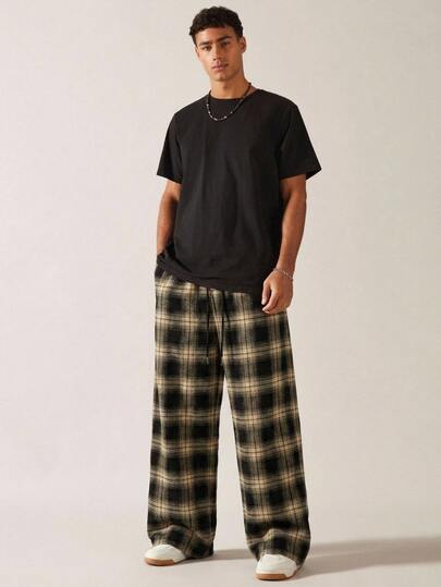 Athstrex Men's Plus Size Plaid Drawstring Waist Pocket Loose Pants For Daily Wear