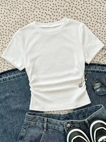 SHEIN 少女白色休闲百搭腰部褶皱短袖T恤 - 白色 - 查看 2