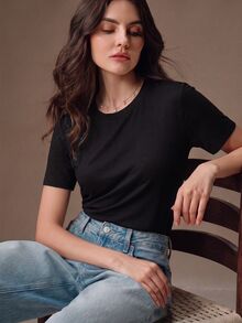 Anewsta Essential Anewsta Spring/Summer New Round Neck Solid Color Tencel Wool Soft Comfortable Versatile Fit Short Sleeve Women's T-Shirt - Black - View 3
