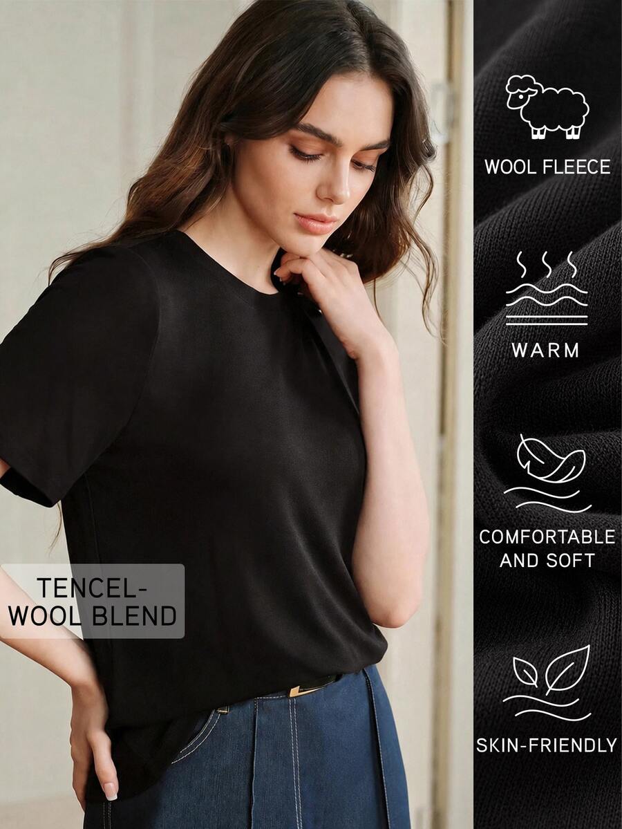 Anewsta Essential Anewsta Spring/Summer New Round Neck Solid Color Tencel Wool Soft Comfortable Versatile Fit Short Sleeve Women's T-Shirt - Black - View 1