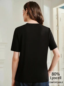 Anewsta Essential Anewsta Spring/Summer New Round Neck Solid Color Tencel Wool Soft Comfortable Versatile Fit Short Sleeve Women's T-Shirt - Black - View 4