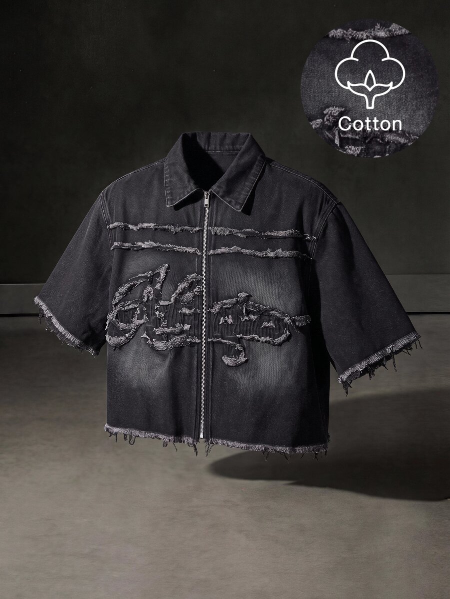 ESTAVOR Chaqueta con cremallera, bordado de parche de marca y efecto lavado para hombre - Negro - Ver 1