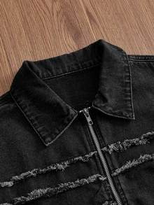 ESTAVOR Men's Washed Brand Patch Embroidery Zipper Jacket - Black - View 3
