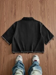 ESTAVOR Men's Washed Brand Patch Embroidery Zipper Jacket - Black - View 2