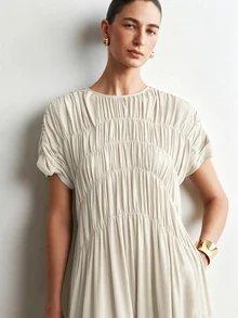 Aalyst Women's Casual Elegant Loose Pocketed Long Dress With Ruched Sleeves, Suitable For Outings, Dates, Easter, Mother's Day, Commuting, Vacation, Green - Apricot - View 8