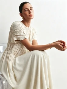 Aalyst Women's Casual Elegant Loose Pocketed Long Dress With Ruched Sleeves, Suitable For Outings, Dates, Easter, Mother's Day, Commuting, Vacation, Green - Apricot - View 3