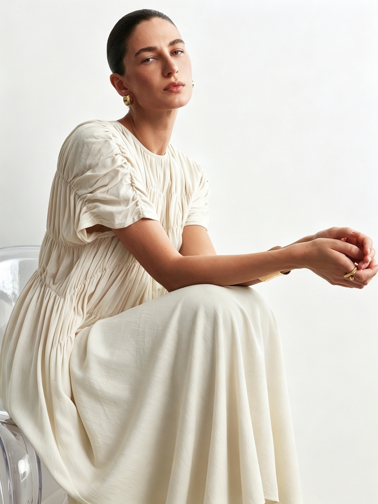 Aalyst Women's Casual Elegant Loose Pocketed Long Dress With Ruched Sleeves, Suitable For Outings, Dates, Easter, Mother's Day, Commuting, Vacation, Green - Apricot - View 3